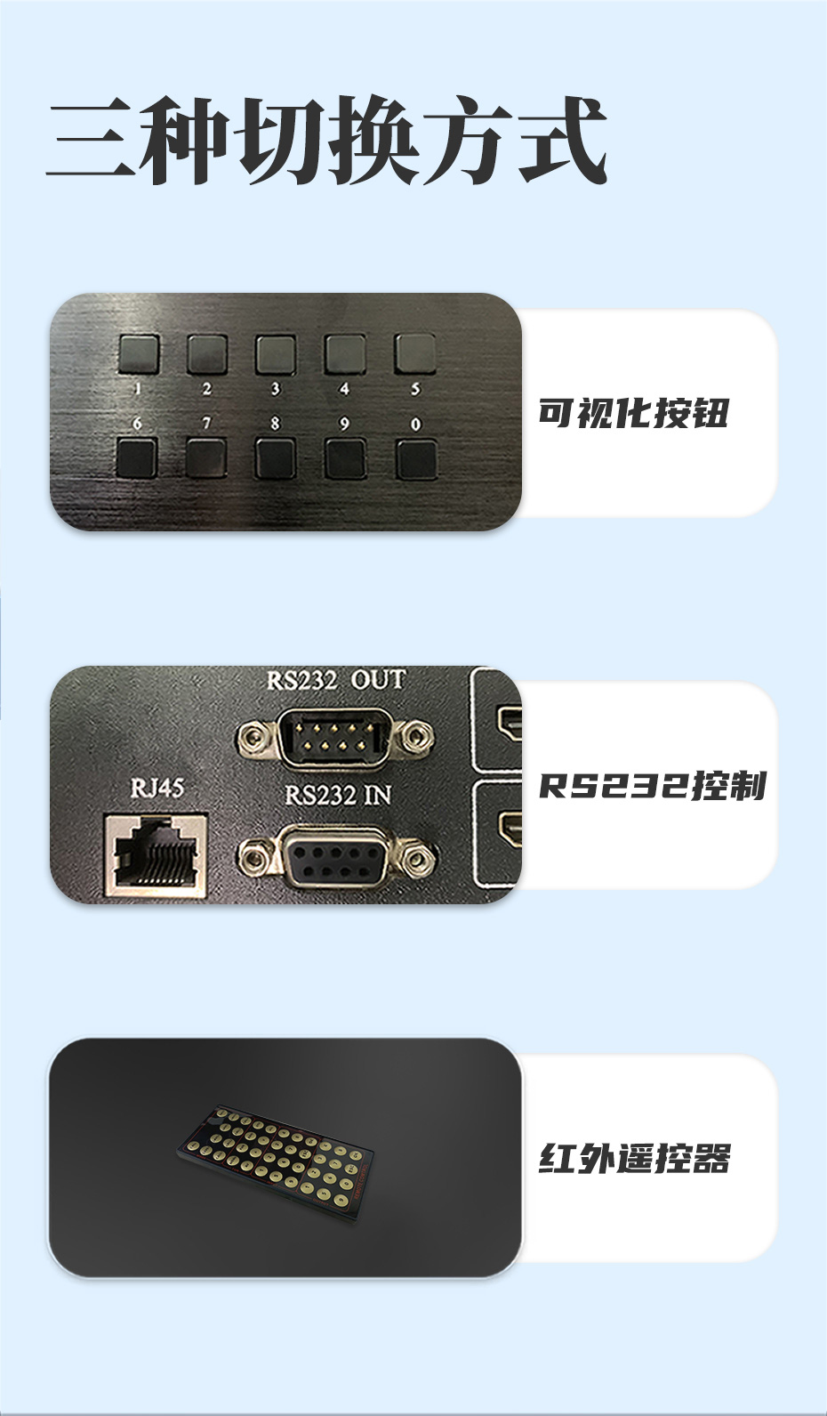 cq9电子平台网站HDMI高清矩阵切换器8进16出0816H支持可视化按钮切换、RS232控制切换以及红外遥控切换三种切换方式