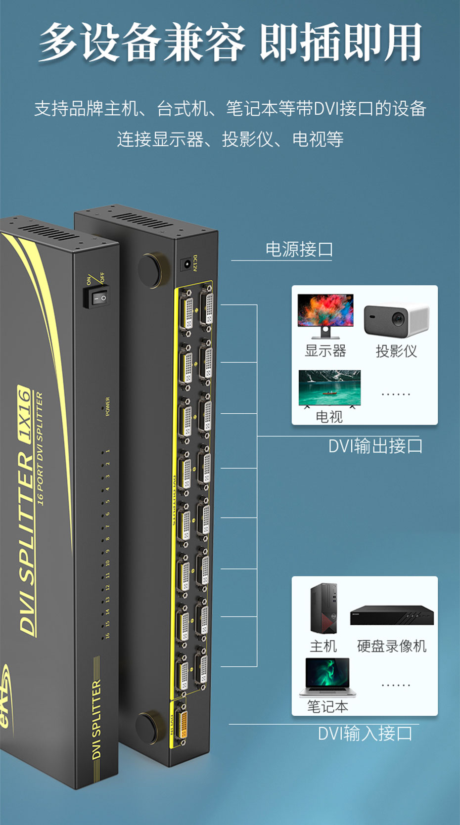 DVI分配器1分16 161D兼容多种DVI接口设备，即插即用