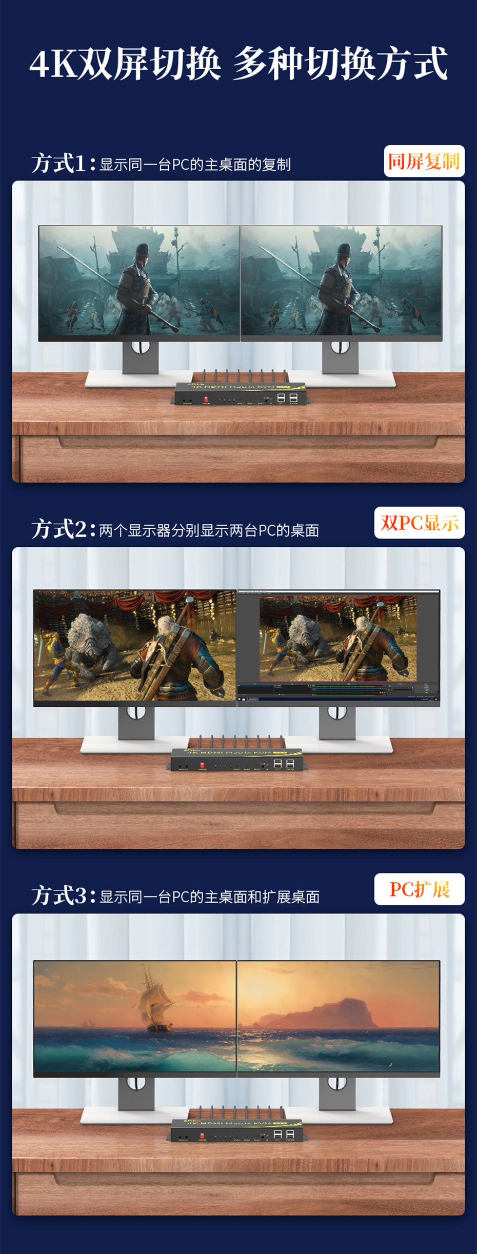 2进2出HDMI矩阵双屏切换器212HN三大方式效果展示