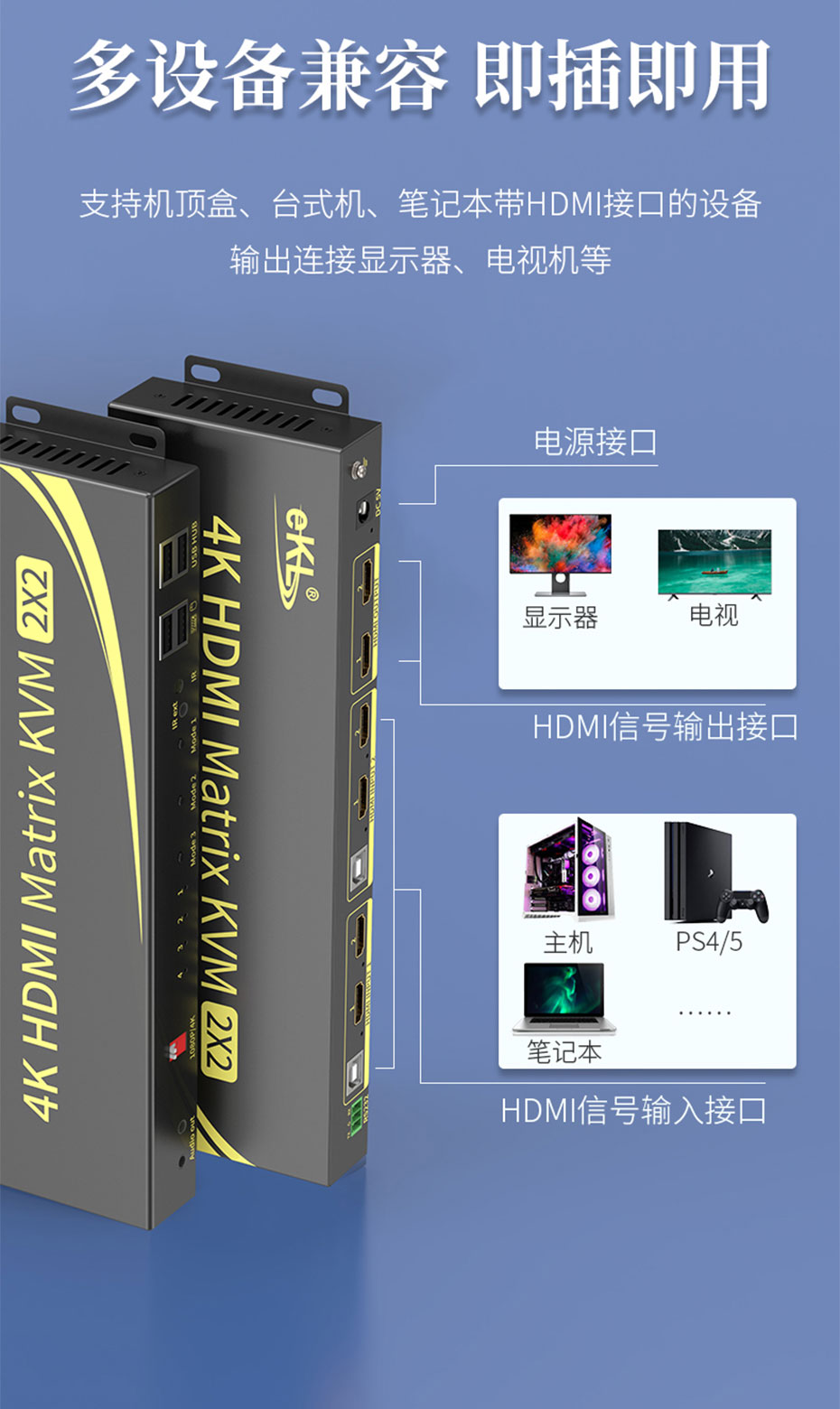 2进2出HDMI矩阵双屏切换器212HN兼容多种HDMI接口设备