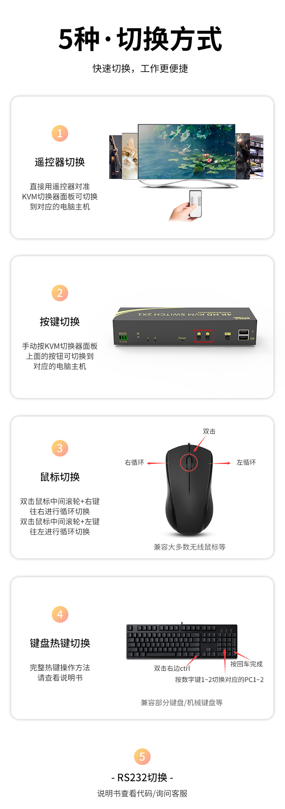 cq9电子平台网站DP HDMI KVM2进2出双屏切换器21DH支持的5种切换方式：遥控切换、按键切换、鼠标切换、键盘热键切换、RS232控制切换