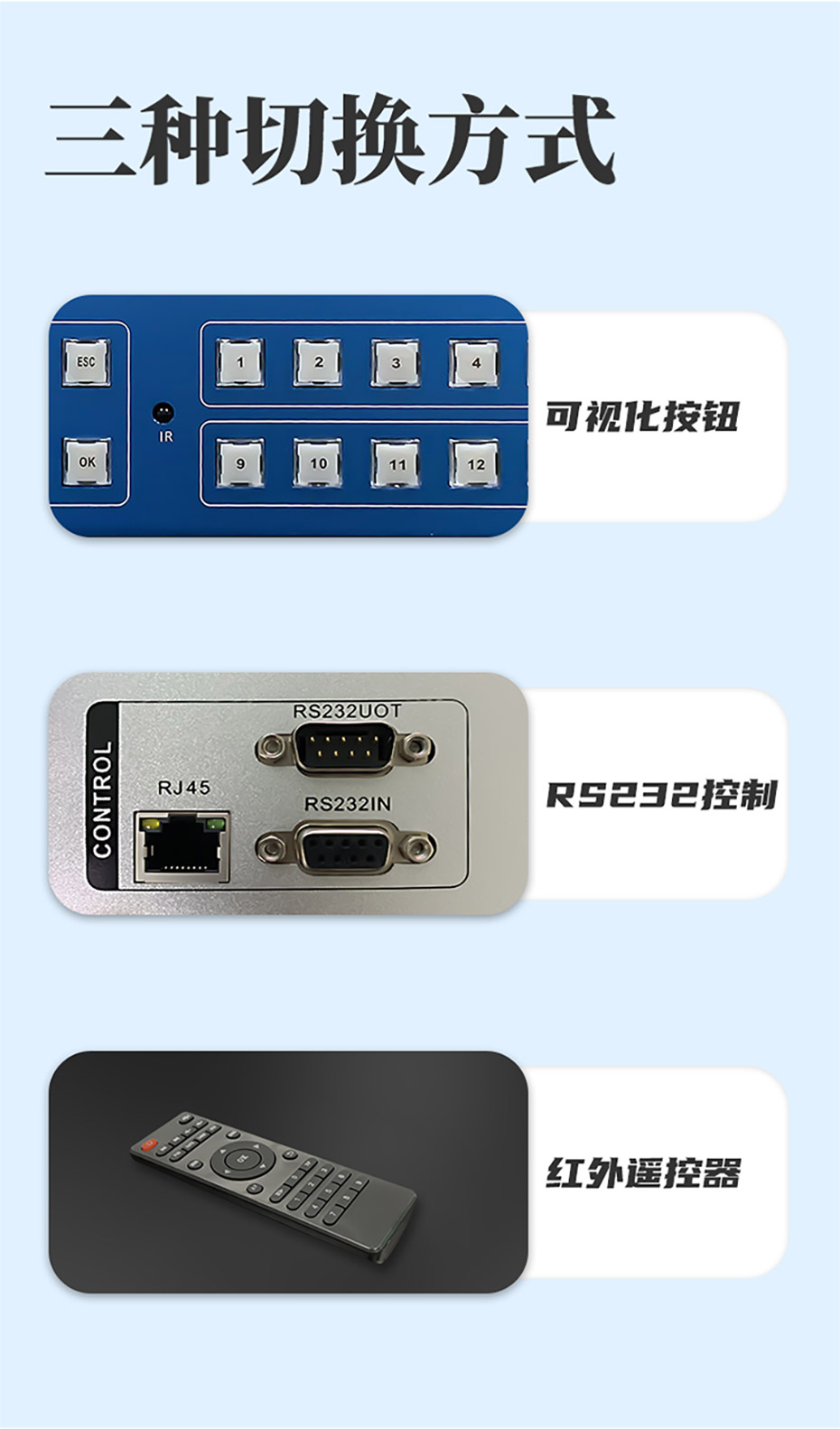 cq9电子平台网站高清HDMI矩阵视频切换器8X8 808H可使用可视化按钮切换、RS232控制切换、红外遥控器切换