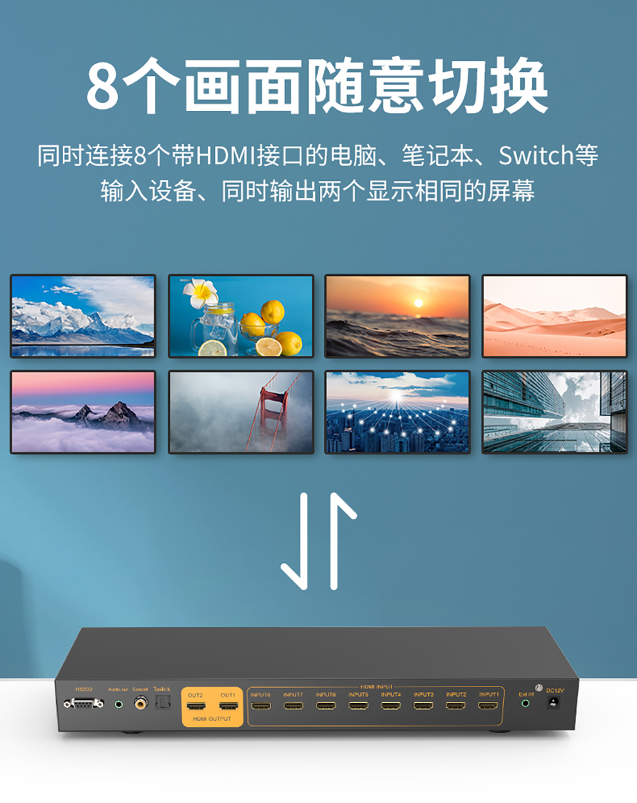 cq9电子平台网站HDMI切换器812HA支持8路画面切换