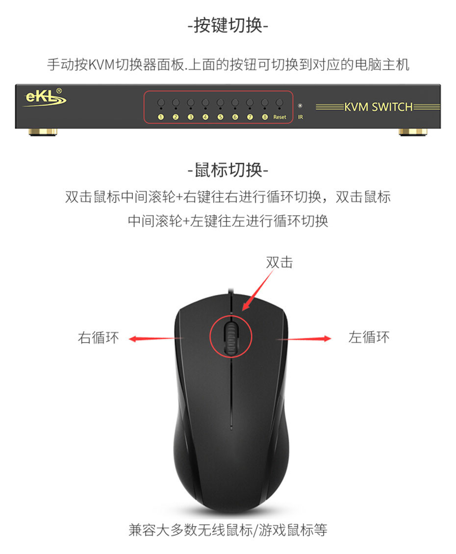HDMI KVM切换器8进1出81HK支持按键切换、鼠标切换