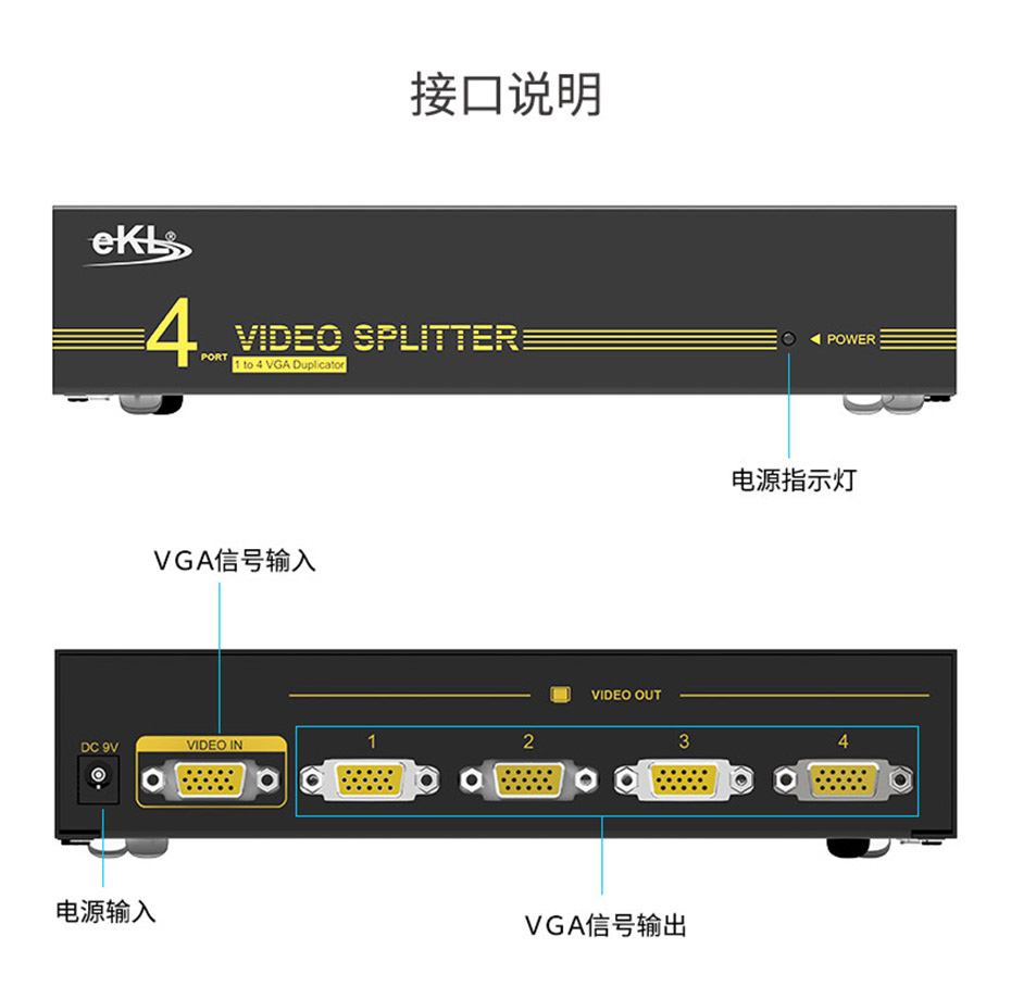 cq9电子平台网站 VGA高频分配器1分4/1进4出/一进四出94H接口说明图