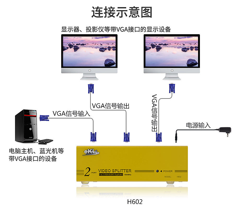 VGA高频分配器1分2 H602连接使用示意图
