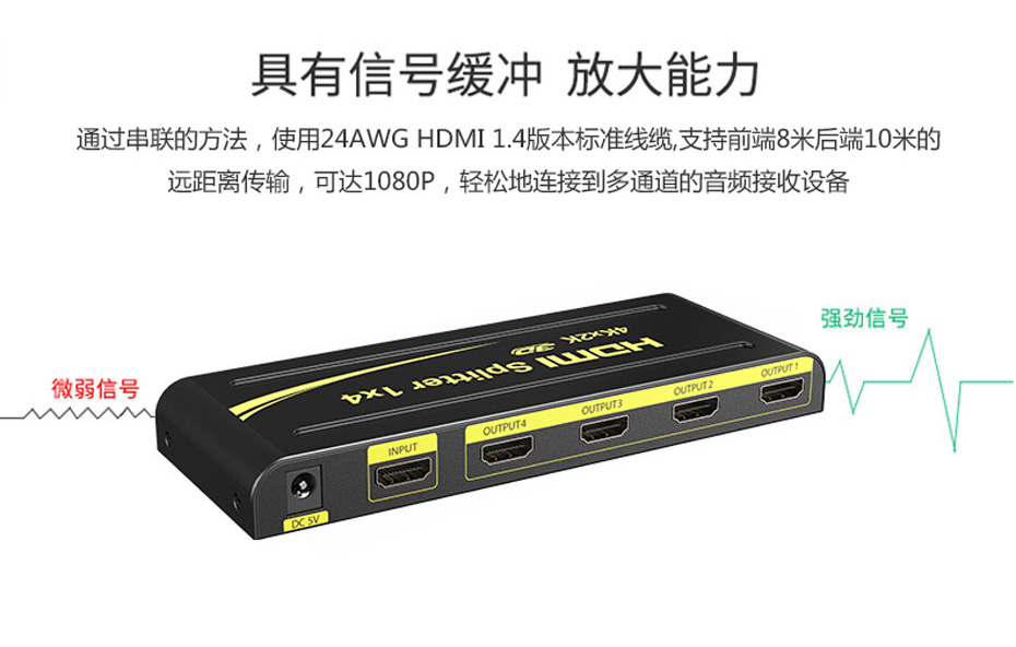 hdmi一分四分配器HD104支持信号缓冲放大