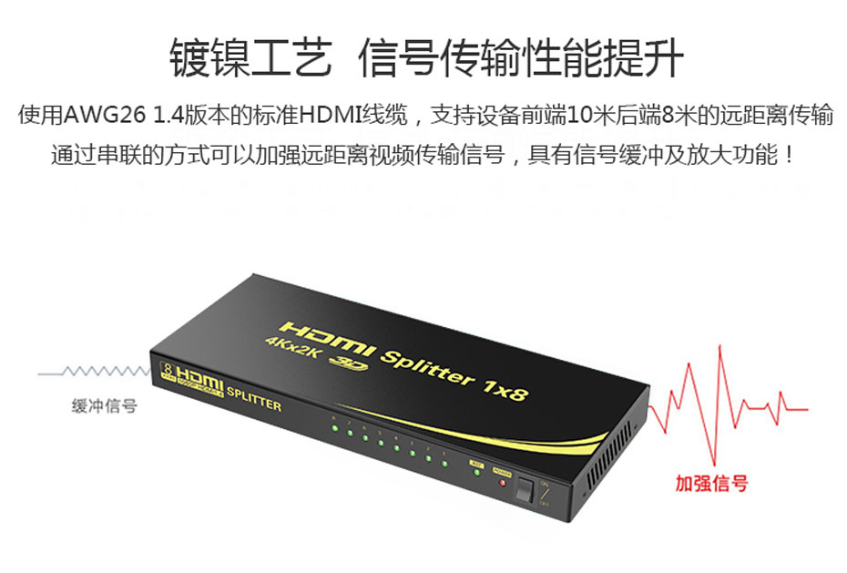 hdmi分配器1进8出HD108支持信号放大功能