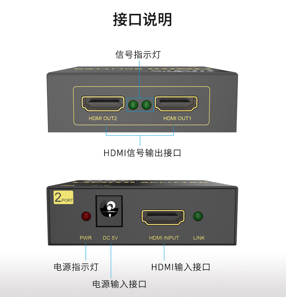 可级联迷你HDMI分配器一分二MiniHS102-B接口说明