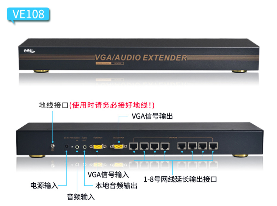 VGA四路延长器VE108接口说明 VGA四路延长器VE108接口说明