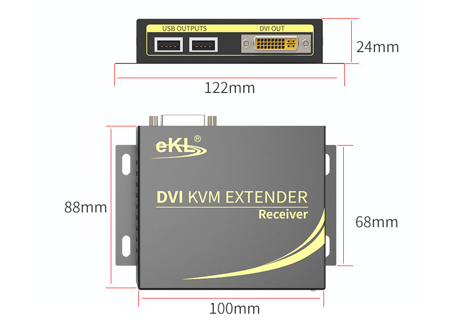 100米DVI KVM单网线延长器DCK100接收端长122mm；宽88mm；高24mm