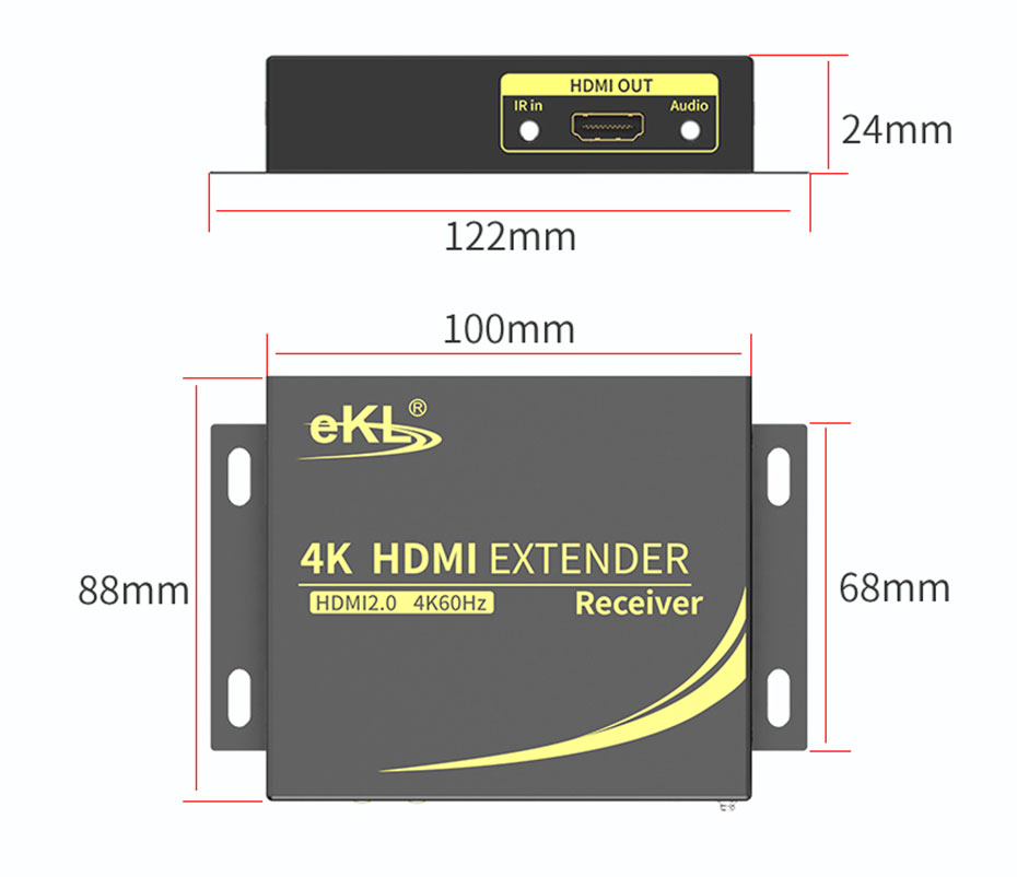 HDMI单网线延长器4K100米HC100接收端长：122mm；宽：88mm；高：24mm
