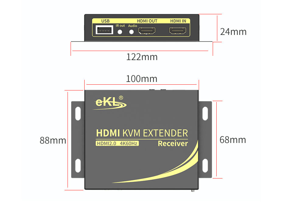 HDMI KVM延长器4K100米HCK100接收端长：122mm；宽：88mm；高：24mm