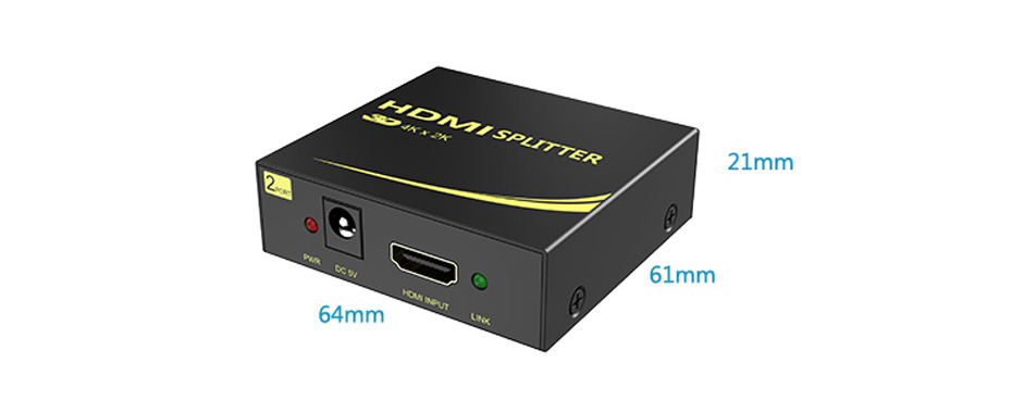 HDMI分配器1进2出HD102，长64mm；宽：61mm；高21mm