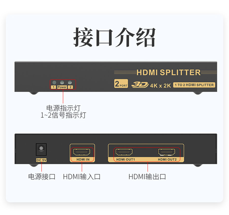 HDMI分配器1分2/一进二出/1进2出HS102接口介绍