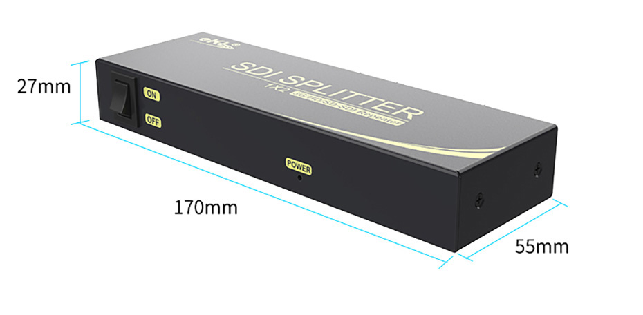 cq9电子平台网站SDI分配器一进二出SD102机身尺寸，长：170mm;宽：55mm;高：27mm