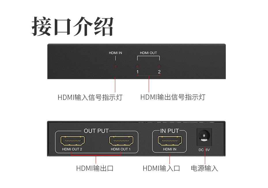 cq9电子平台网站HDMI2.0分配器1进2出/一进二出UH02接口介绍