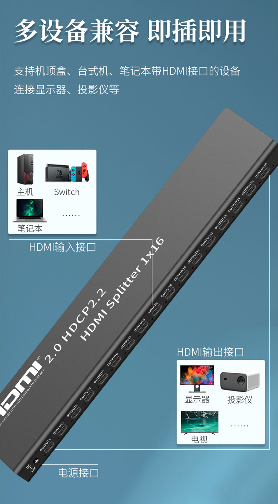 HDMI2.0分配器1进16出UH161兼容HDMI接口设备