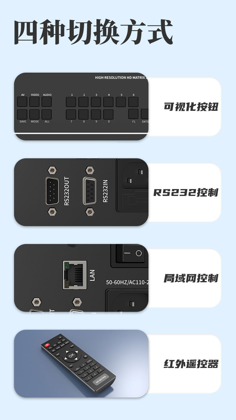 VGA矩阵拼接屏控制器8进8出V818A支持可视化按钮切换、局域网控制切换、遥控切换、RS232控制切换