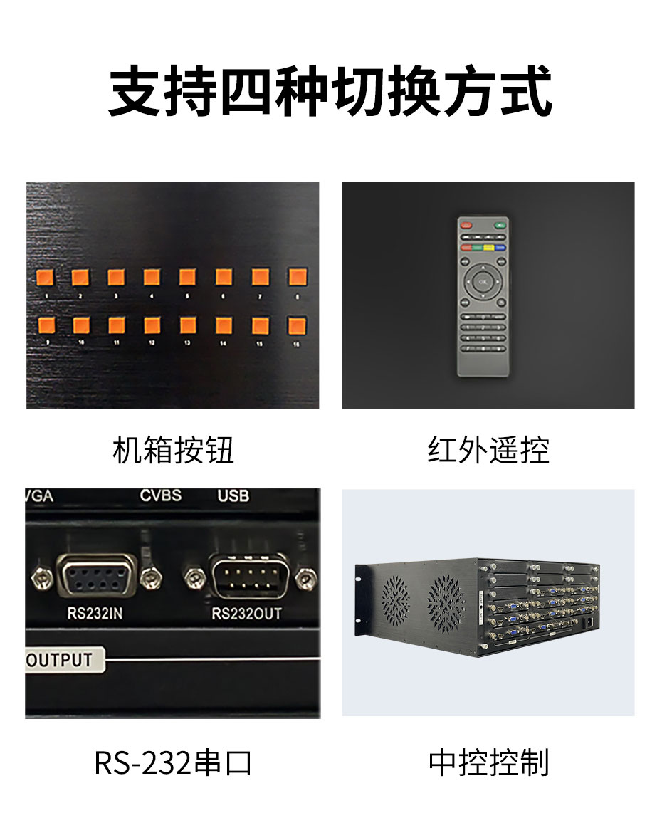 cq9电子平台网站HDMI高清画面分割器VS09支持四种方式切换：机箱按钮切换、红外遥控切换、RS-232串口切换、中控控制切换