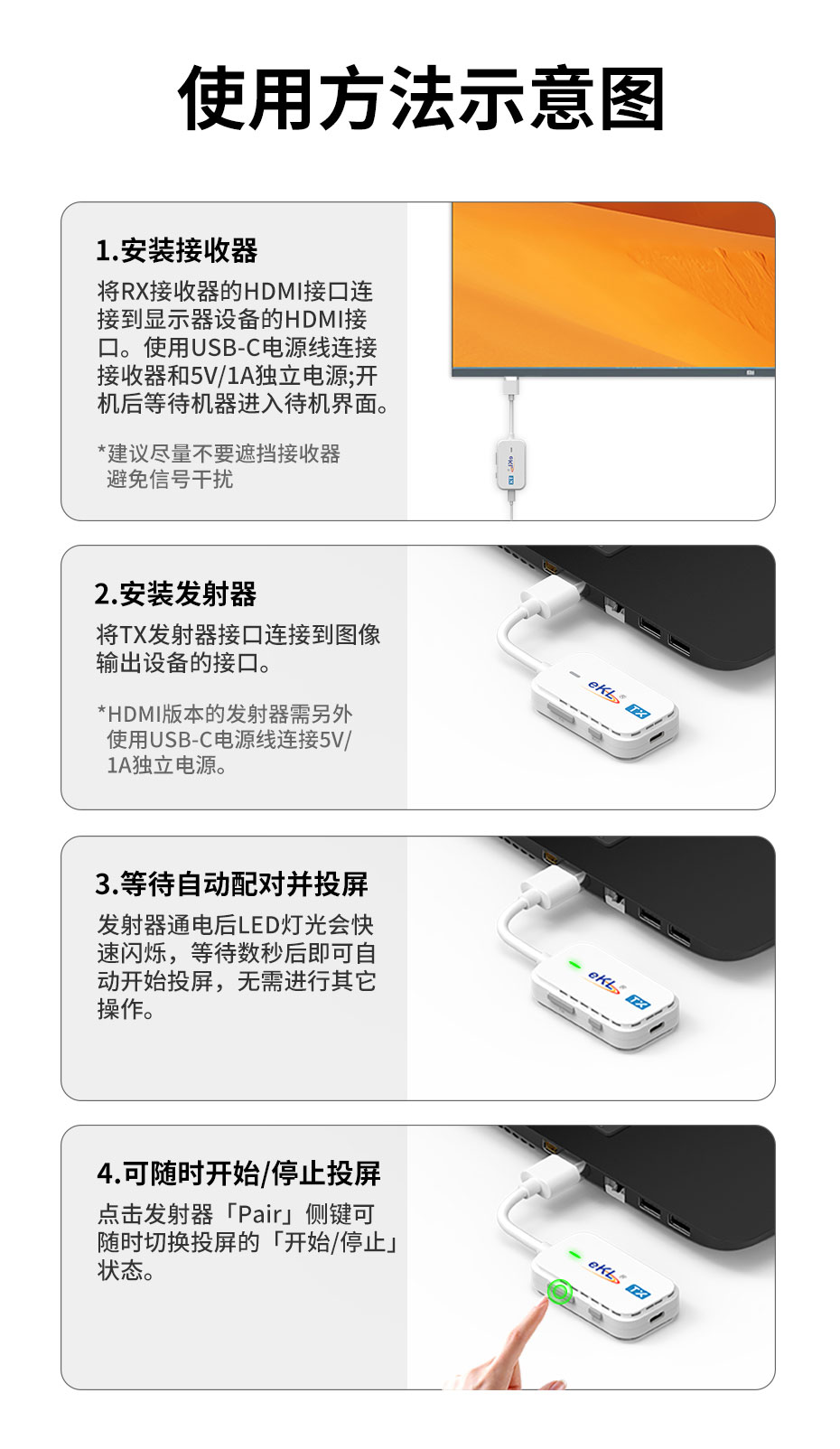 HDMI无线延长器WE30使用方法示意图